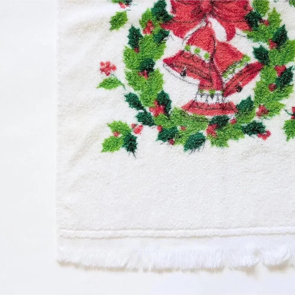 Vintage Christmas Hand Towel with Bells and Holly